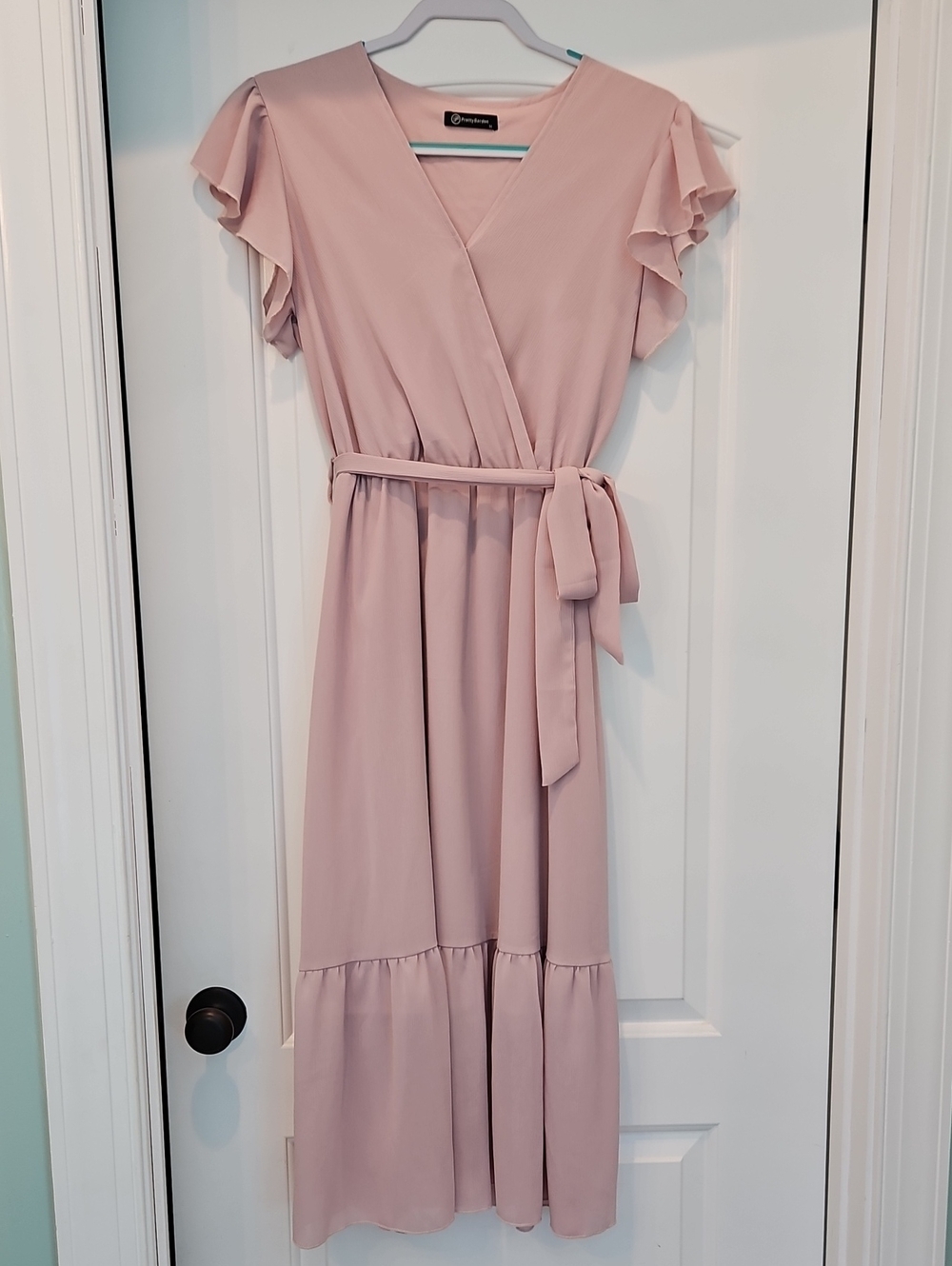 Blush Pink Midi Wrap Dress with Flutter Sleeves